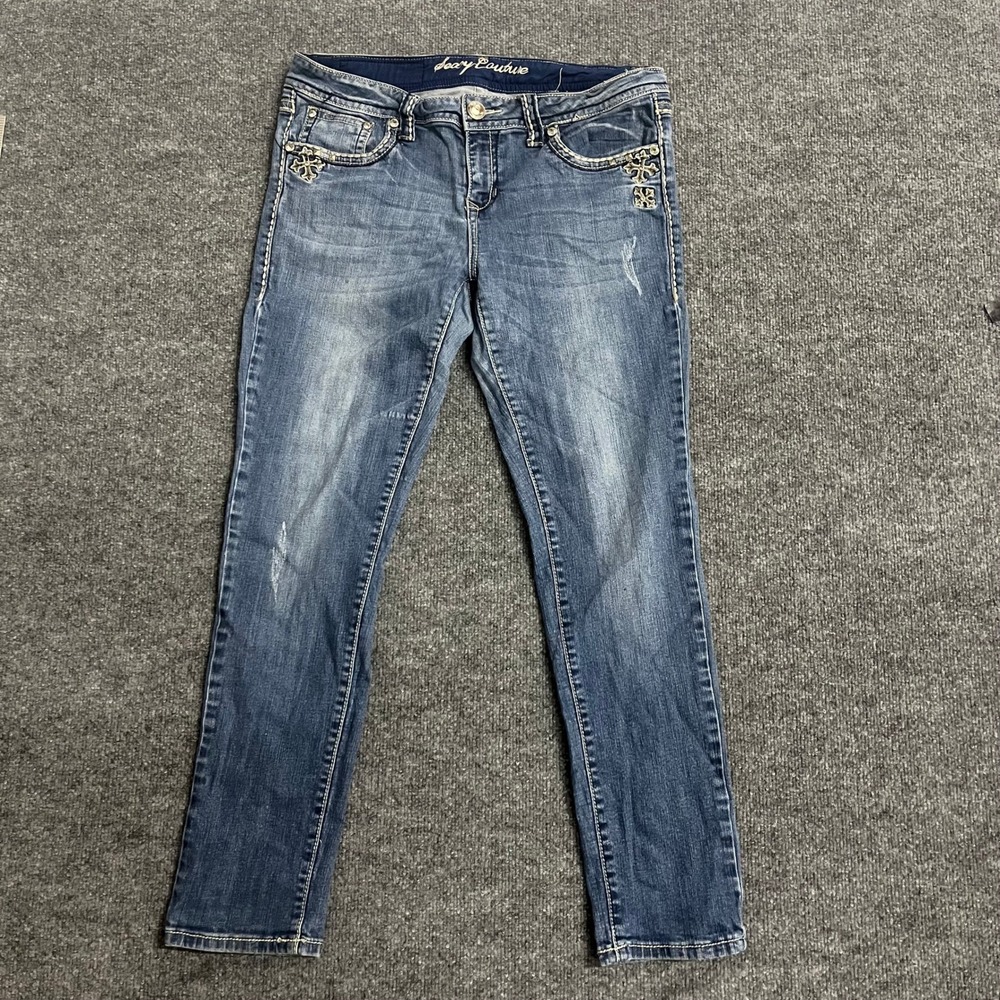 Sexy Couture Jeans Womens Size 15 Blue Embellished Cross Skinny Low Rise Stretch